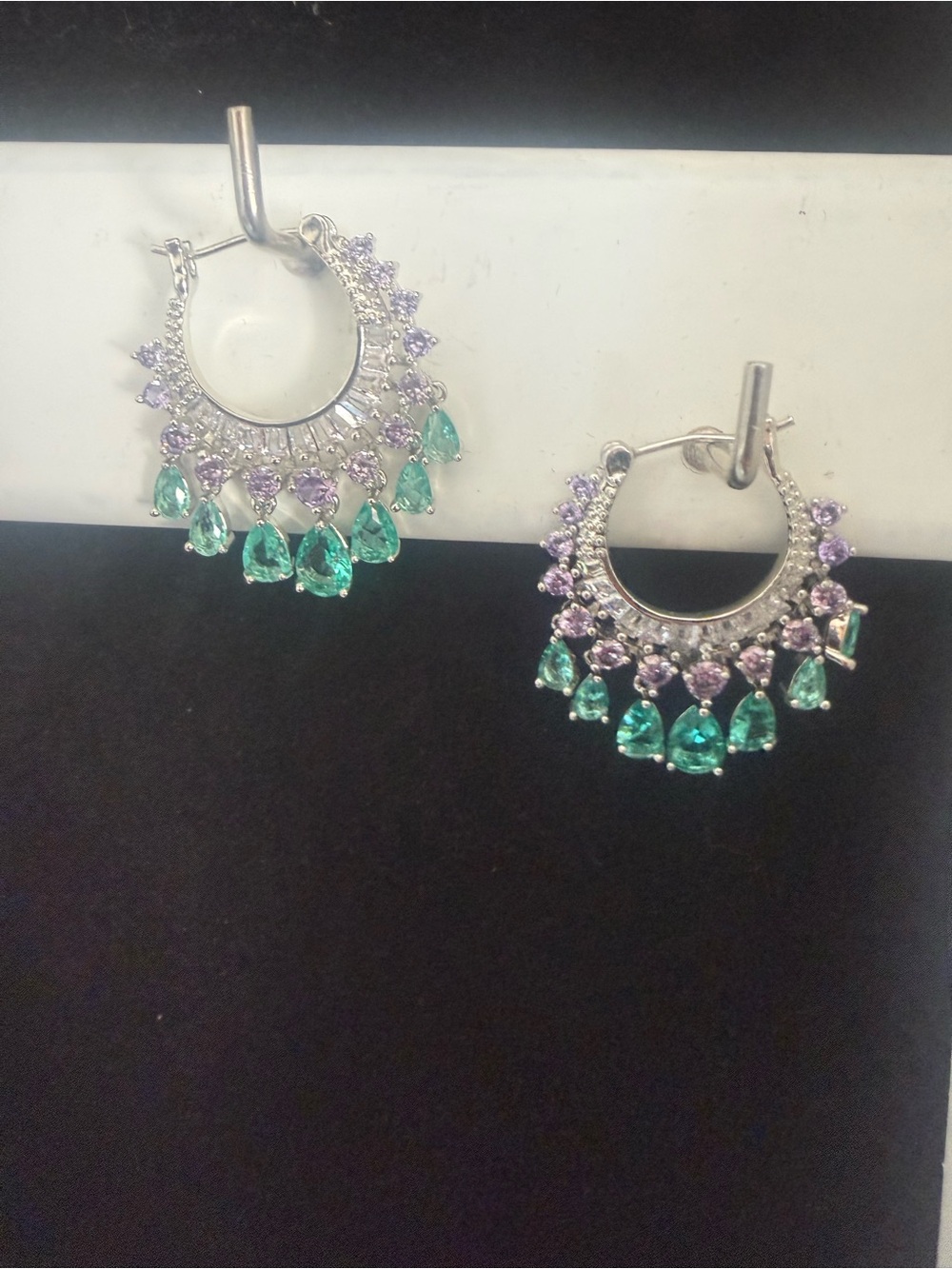 Silver Hoop Earrings with Green Teardrop & Purple Accent Stones